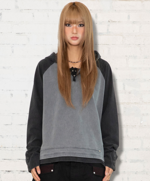 XTT170 래글런 헨리넥 워싱 크롭 후디 (BLACK)