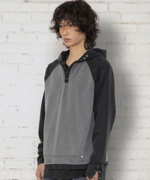 XTT170 래글런 헨리넥 워싱 크롭 후디 (BLACK)