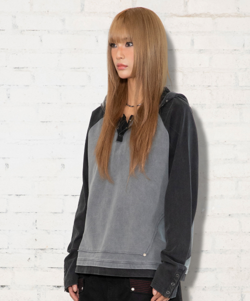 XTT170 래글런 헨리넥 워싱 크롭 후디 (BLACK)