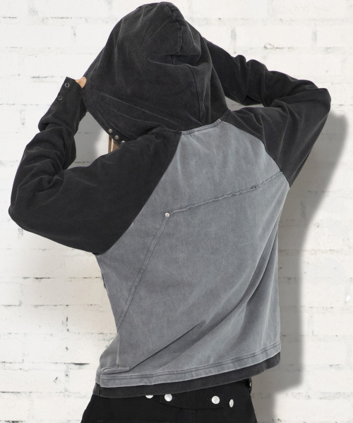 XTT170 래글런 헨리넥 워싱 크롭 후디 (BLACK)