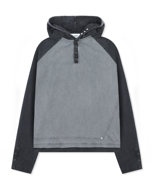 XTT170 래글런 헨리넥 워싱 크롭 후디 (BLACK)