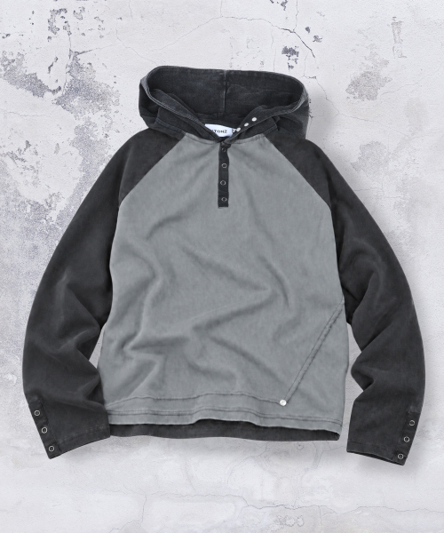 XTT170 래글런 헨리넥 워싱 크롭 후디 (BLACK)