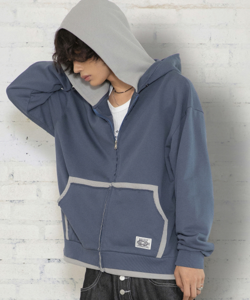 XTT169 핑거홀 와플 레이어드 크롭 후드 집업 (NAVY)