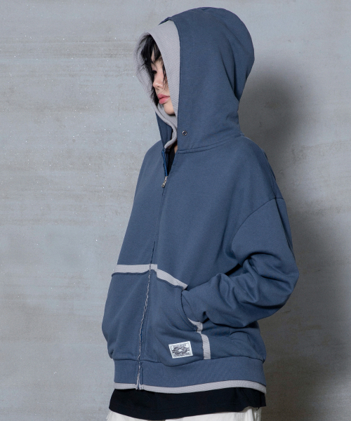 XTT169 핑거홀 와플 레이어드 크롭 후드 집업 (NAVY)