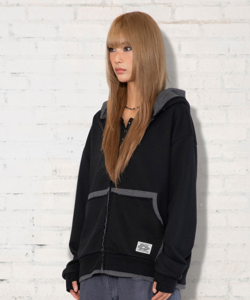 XTT169 핑거홀 와플 레이어드 크롭 후드 집업 (BLACK)