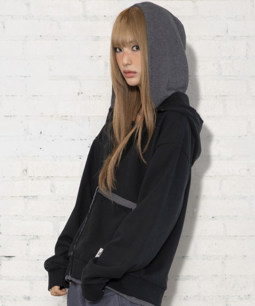 XTT169 핑거홀 와플 레이어드 크롭 후드 집업 (BLACK)