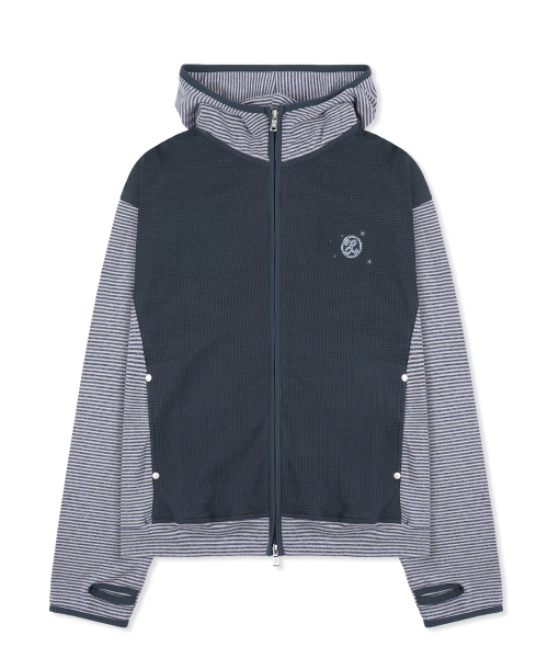 XTT171 스트라이프 믹스 와플 하이넥 크롭 후드 집업 (NAVY)