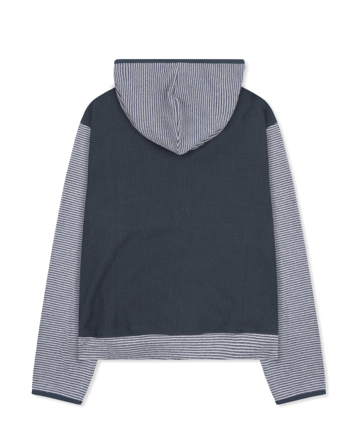 XTT171 스트라이프 믹스 와플 하이넥 크롭 후드 집업 (NAVY)
