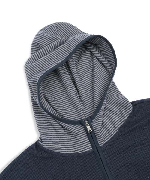 XTT171 스트라이프 믹스 와플 하이넥 크롭 후드 집업 (NAVY)