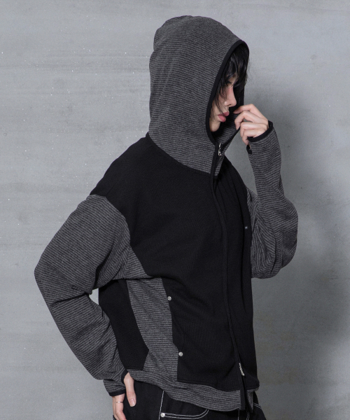 XTT171 스트라이프 믹스 와플 하이넥 크롭 후드 집업 (BLACK)
