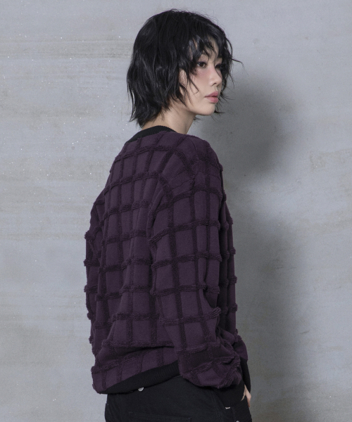 XTK185 투톤 스퀘어 크롭 니트 집업 (PURPLE)