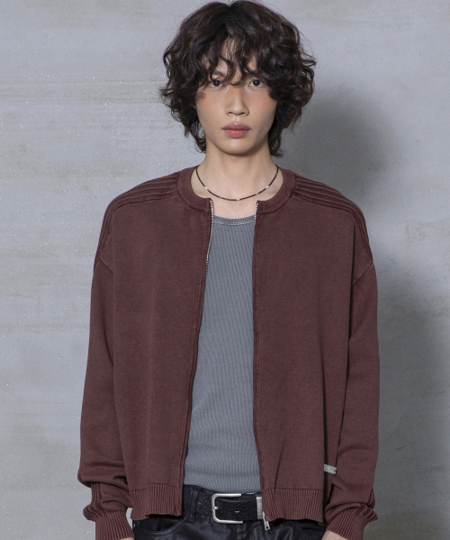 XTK184 슬림핏 빈티지 워싱 니트 집업 (BURGUNDY)
