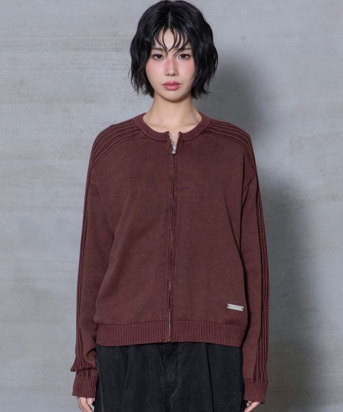 XTK184 슬림핏 빈티지 워싱 니트 집업 (BURGUNDY)