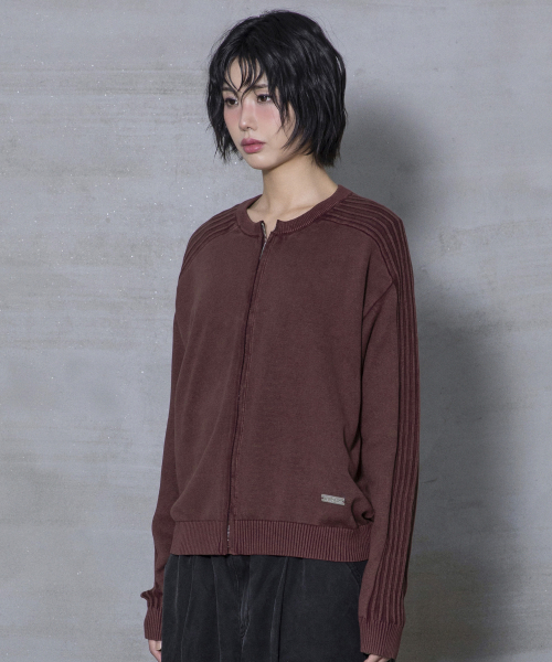 XTK184 슬림핏 빈티지 워싱 니트 집업 (BURGUNDY)