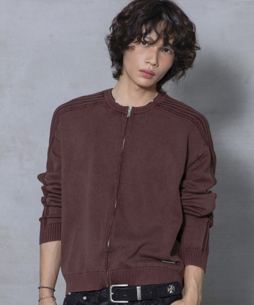 XTK184 슬림핏 빈티지 워싱 니트 집업 (BURGUNDY)