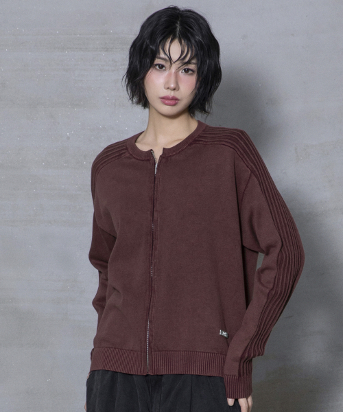 XTK184 슬림핏 빈티지 워싱 니트 집업 (BURGUNDY)
