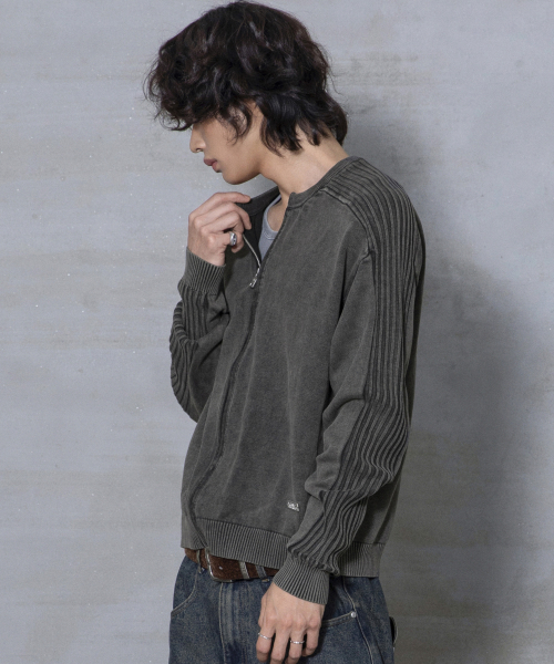 XTK184 슬림핏 빈티지 워싱 니트 집업 (BLACK)