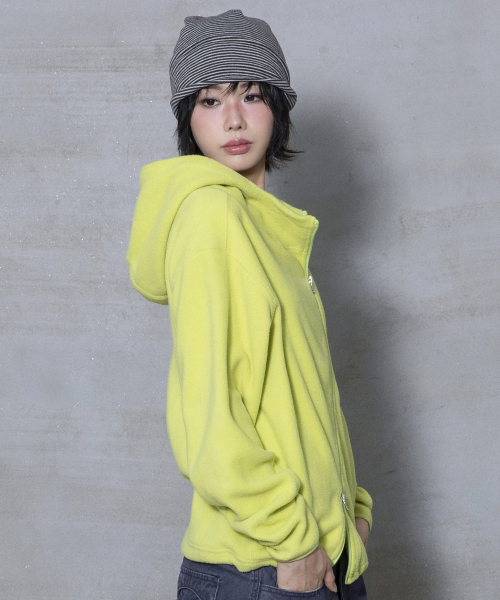 XJ148 커브드 지퍼 라이트 플리스 후드 집업 (LIME)