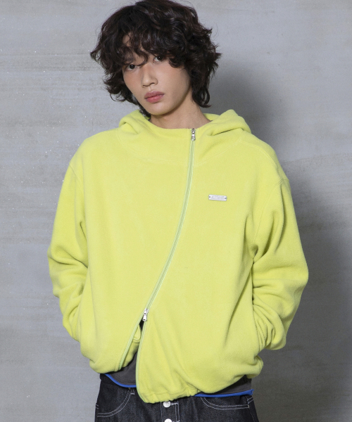 XJ148 커브드 지퍼 라이트 플리스 후드 집업 (LIME)