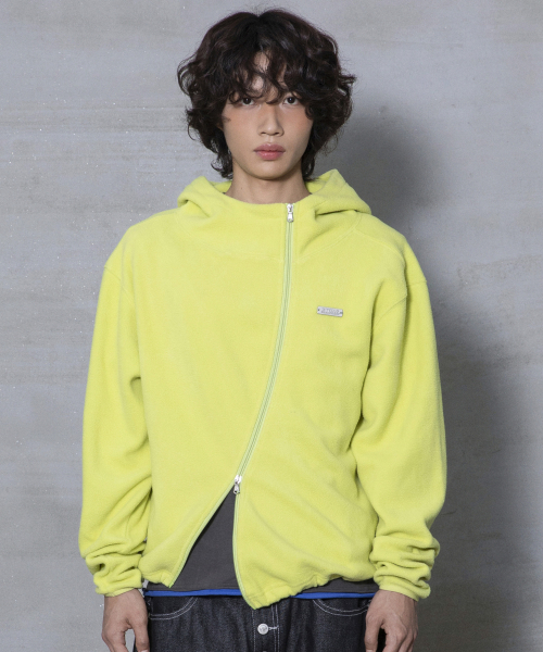 XJ148 커브드 지퍼 라이트 플리스 후드 집업 (LIME)