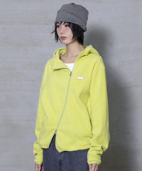 XJ148 커브드 지퍼 라이트 플리스 후드 집업 (LIME)