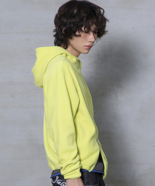 XJ148 커브드 지퍼 라이트 플리스 후드 집업 (LIME)
