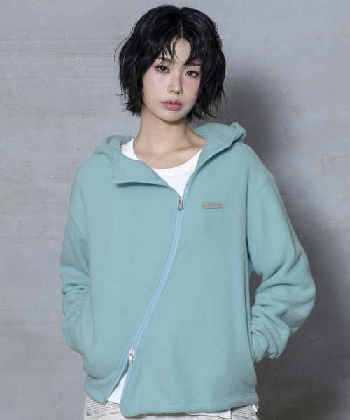 XJ148 커브드 지퍼 라이트 플리스 후드 집업 (MINT)