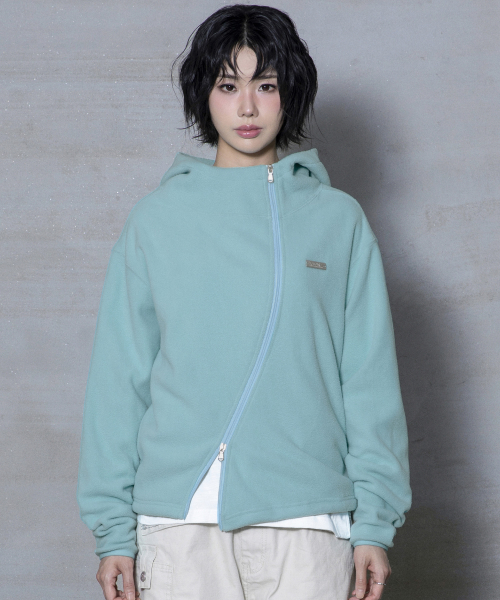 XJ148 커브드 지퍼 라이트 플리스 후드 집업 (MINT)