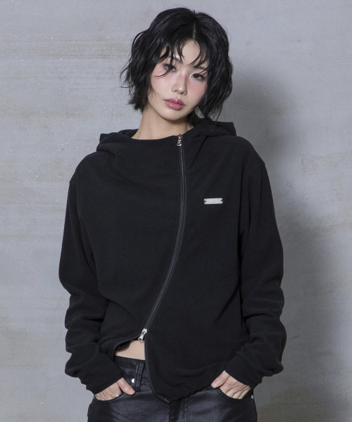 XJ148 커브드 지퍼 라이트 플리스 후드 집업 (BLACK)