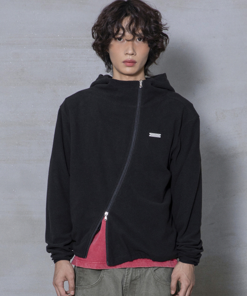 XJ148 커브드 지퍼 라이트 플리스 후드 집업 (BLACK)