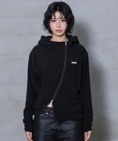 XJ148 커브드 지퍼 라이트 플리스 후드 집업 (BLACK)