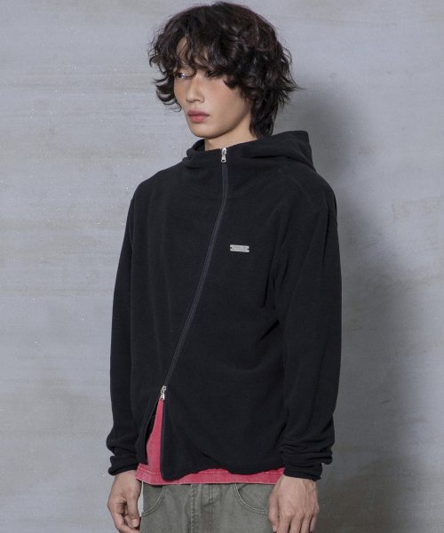 XJ148 커브드 지퍼 라이트 플리스 후드 집업 (BLACK)