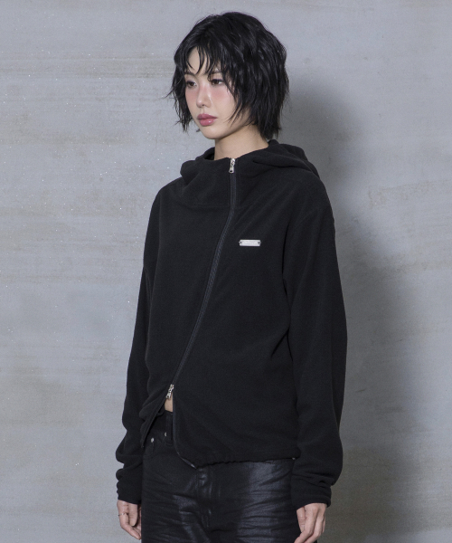 XJ148 커브드 지퍼 라이트 플리스 후드 집업 (BLACK)