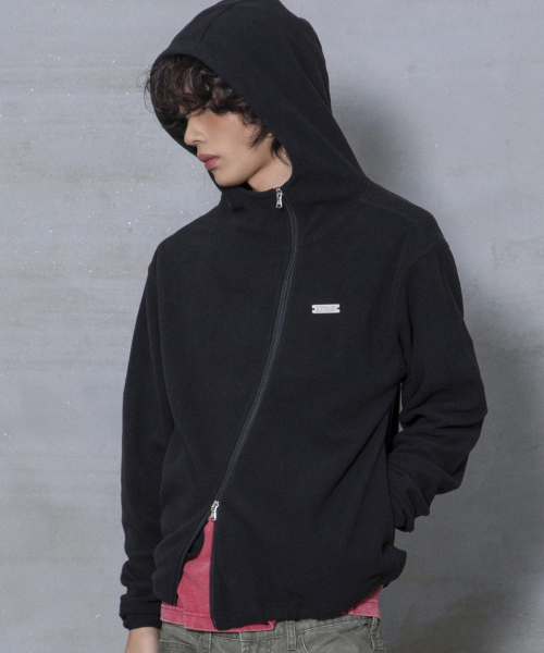 XJ148 커브드 지퍼 라이트 플리스 후드 집업 (BLACK)