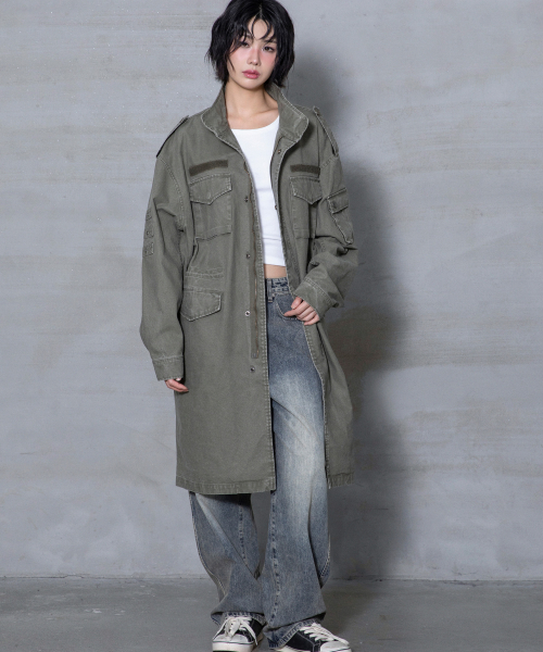 XJ143 밀리터리 빈티지 워싱 롱 M-65 필드 자켓 (KHAKI)