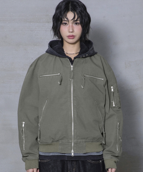 XJ141 멀티 지퍼 크롭 MA-1 자켓 (KHAKI)