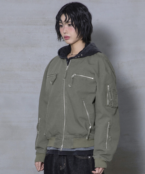 XJ141 멀티 지퍼 크롭 MA-1 자켓 (KHAKI)