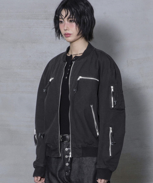 XJ141 멀티 지퍼 크롭 MA-1 자켓 (BLACK)
