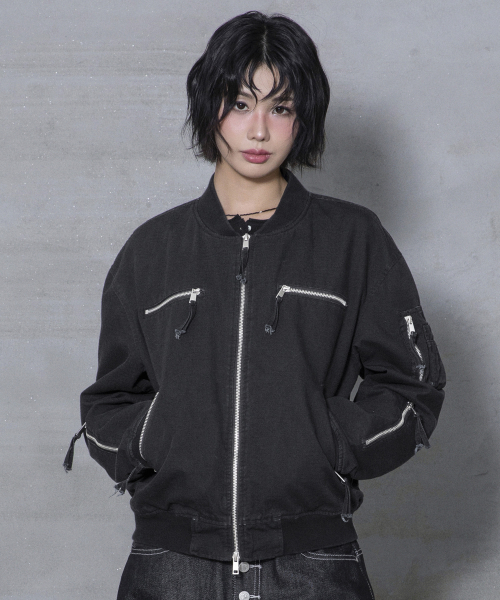 XJ141 멀티 지퍼 크롭 MA-1 자켓 (BLACK)