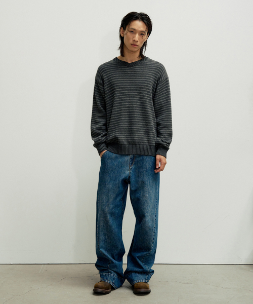 V-NECK STRIPE PULLOVER KNIT [CHARCOAL]