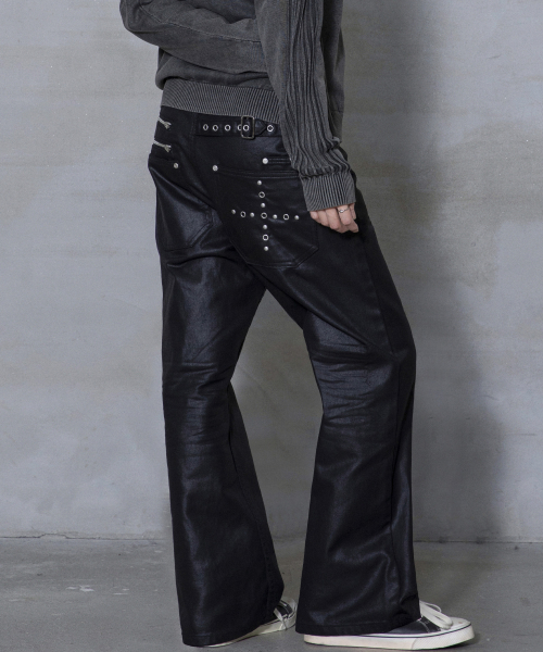 XP345 아일렛 벨티드 새깅 플레어 코팅 코튼 팬츠 (BLACK)