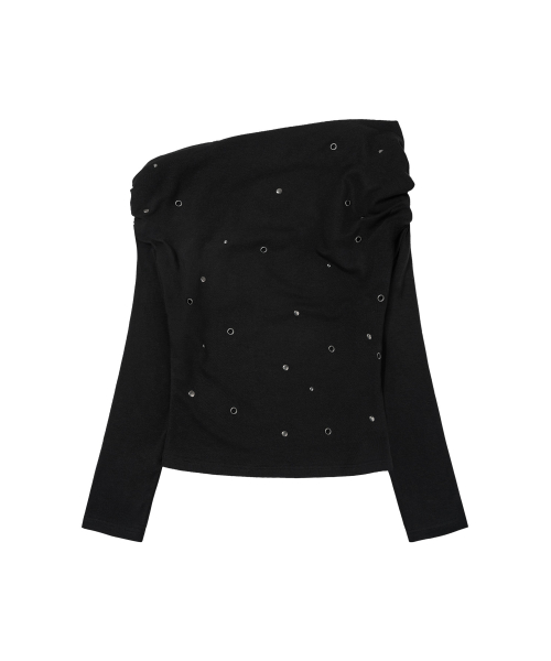 EYELET COWL ONE-SHOULDER TOP (BLACK) F26ZB520