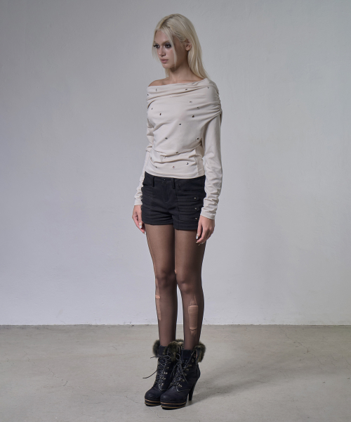 EYELET COWL ONE-SHOULDER TOP (IVORY) F26ZB520