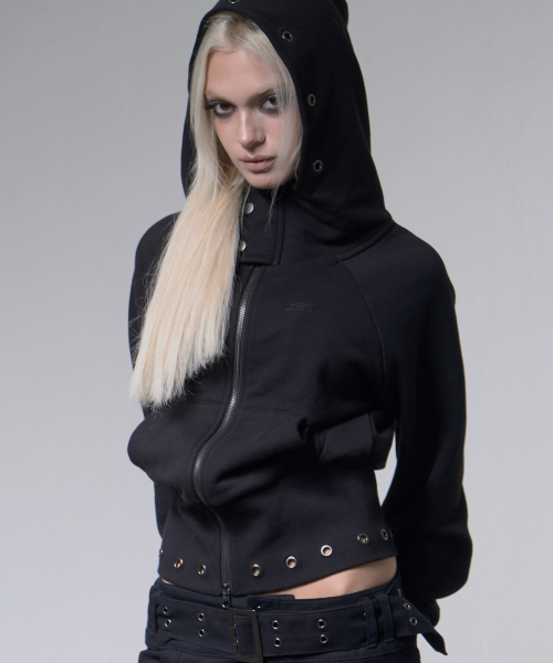 EYELET RIBBED HOODED ZIP-UP (BLACK) F26ZA510