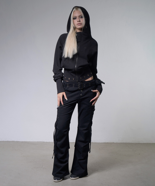 EYELET RIBBED HOODED ZIP-UP (BLACK) F26ZA510