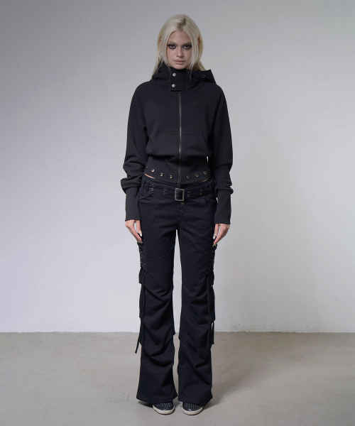 EYELET RIBBED HOODED ZIP-UP (BLACK) F26ZA510