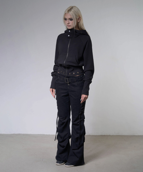 EYELET RIBBED HOODED ZIP-UP (BLACK) F26ZA510