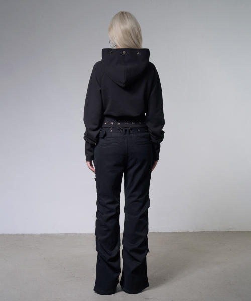 EYELET RIBBED HOODED ZIP-UP (BLACK) F26ZA510