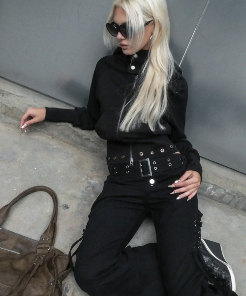 EYELET RIBBED HOODED ZIP-UP (BLACK) F26ZA510