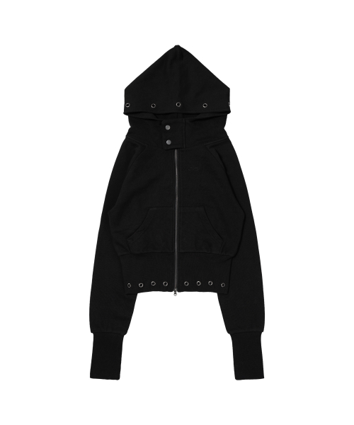 EYELET RIBBED HOODED ZIP-UP (BLACK) F26ZA510